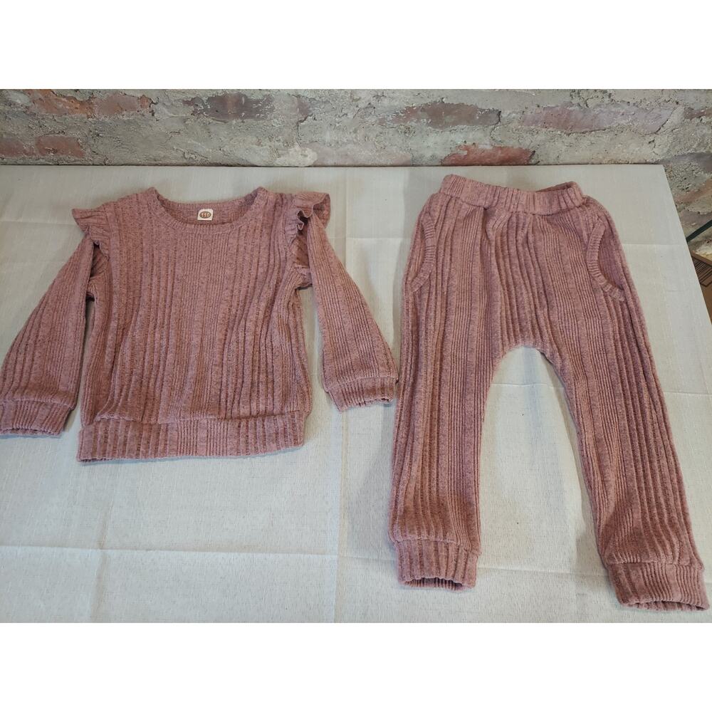 Kids Toddler Loungewear Outfit Set Size 5T Dusty Rose Ribbed Ruffle Sweater